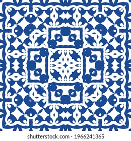 Decorative color ceramic azulejo tiles. Minimal design. Vector seamless pattern illustration. Blue folk ethnic ornament for print, web background, surface texture, towels, pillows, wallpaper.
