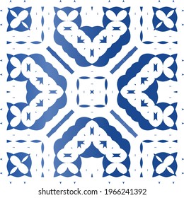 Decorative color ceramic azulejo tiles. Universal design. Vector seamless pattern concept. Blue folk ethnic ornament for print, web background, surface texture, towels, pillows, wallpaper.