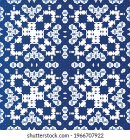 Decorative color ceramic azulejo tiles. Minimal design. Vector seamless pattern elements. Blue folk ethnic ornament for print, web background, surface texture, towels, pillows, wallpaper.