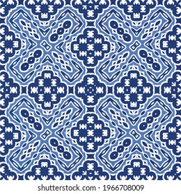 Decorative color ceramic azulejo tiles. Vector seamless pattern concept. Hand drawn design. Blue folk ethnic ornament for print, web background, surface texture, towels, pillows, wallpaper.