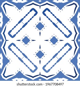 Decorative color ceramic azulejo tiles. Geometric design. Vector seamless pattern frame. Blue folk ethnic ornament for print, web background, surface texture, towels, pillows, wallpaper.
