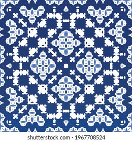 Decorative color ceramic azulejo tiles. Minimal design. Vector seamless pattern elements. Blue folk ethnic ornament for print, web background, surface texture, towels, pillows, wallpaper.