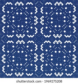 Decorative color ceramic azulejo tiles. Minimal design. Vector seamless pattern concept. Blue folk ethnic ornament for print, web background, surface texture, towels, pillows, wallpaper.