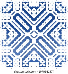 Decorative color ceramic azulejo tiles. Universal design. Vector seamless pattern concept. Blue folk ethnic ornament for print, web background, surface texture, towels, pillows, wallpaper.