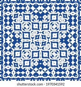 Decorative color ceramic azulejo tiles. Minimal design. Vector seamless pattern illustration. Blue folk ethnic ornament for print, web background, surface texture, towels, pillows, wallpaper.