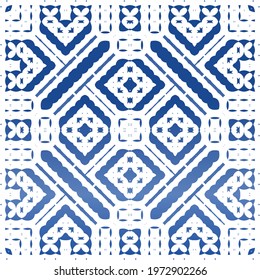 Decorative color ceramic azulejo tiles. Universal design. Vector seamless pattern concept. Blue folk ethnic ornament for print, web background, surface texture, towels, pillows, wallpaper.