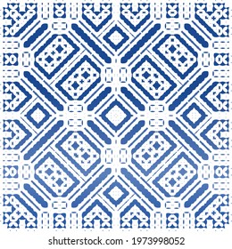 Decorative color ceramic azulejo tiles. Universal design. Vector seamless pattern concept. Blue folk ethnic ornament for print, web background, surface texture, towels, pillows, wallpaper.