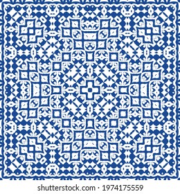 Decorative color ceramic azulejo tiles. Minimal design. Vector seamless pattern illustration. Blue folk ethnic ornament for print, web background, surface texture, towels, pillows, wallpaper.