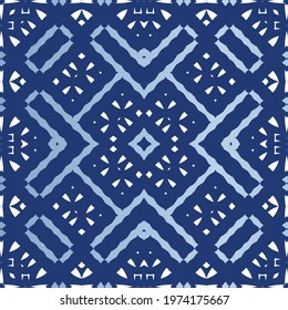 Decorative color ceramic azulejo tiles. Stylish design. Vector seamless pattern watercolor. Blue folk ethnic ornament for print, web background, surface texture, towels, pillows, wallpaper.