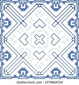 Decorative color ceramic azulejo tiles. Geometric design. Vector seamless pattern frame. Blue folk ethnic ornament for print, web background, surface texture, towels, pillows, wallpaper.