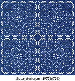 Decorative color ceramic azulejo tiles. Minimal design. Vector seamless pattern concept. Blue folk ethnic ornament for print, web background, surface texture, towels, pillows, wallpaper.