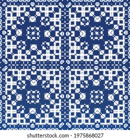 Decorative color ceramic azulejo tiles. Minimal design. Vector seamless pattern elements. Blue folk ethnic ornament for print, web background, surface texture, towels, pillows, wallpaper.