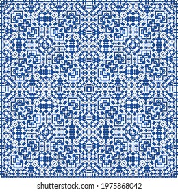 Decorative color ceramic azulejo tiles. Minimal design. Vector seamless pattern illustration. Blue folk ethnic ornament for print, web background, surface texture, towels, pillows, wallpaper.