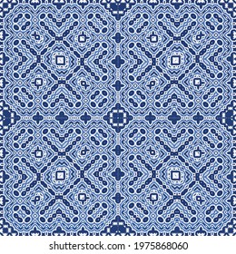 Decorative color ceramic azulejo tiles. Vector seamless pattern concept. Hand drawn design. Blue folk ethnic ornament for print, web background, surface texture, towels, pillows, wallpaper.