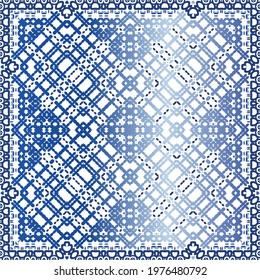 Decorative color ceramic azulejo tiles. Vector seamless pattern arabesque. Kitchen design. Blue folk ethnic ornament for print, web background, surface texture, towels, pillows, wallpaper.