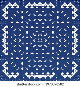 Decorative color ceramic azulejo tiles. Minimal design. Vector seamless pattern concept. Blue folk ethnic ornament for print, web background, surface texture, towels, pillows, wallpaper.