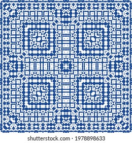 Decorative color ceramic azulejo tiles. Minimal design. Vector seamless pattern illustration. Blue folk ethnic ornament for print, web background, surface texture, towels, pillows, wallpaper.