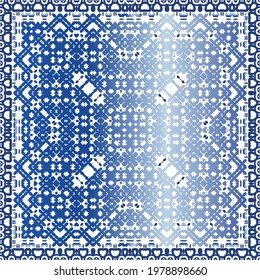 Decorative color ceramic azulejo tiles. Vector seamless pattern arabesque. Kitchen design. Blue folk ethnic ornament for print, web background, surface texture, towels, pillows, wallpaper.