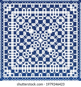 Decorative color ceramic azulejo tiles. Minimal design. Vector seamless pattern elements. Blue folk ethnic ornament for print, web background, surface texture, towels, pillows, wallpaper.
