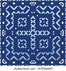 Decorative color ceramic azulejo tiles. Stylish design. Vector seamless pattern watercolor. Blue folk ethnic ornament for print, web background, surface texture, towels, pillows, wallpaper.