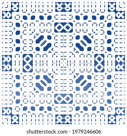 Decorative color ceramic azulejo tiles. Universal design. Vector seamless pattern concept. Blue folk ethnic ornament for print, web background, surface texture, towels, pillows, wallpaper.
