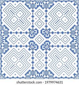 Decorative color ceramic azulejo tiles. Geometric design. Vector seamless pattern frame. Blue folk ethnic ornament for print, web background, surface texture, towels, pillows, wallpaper.