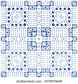 Decorative color ceramic azulejo tiles. Universal design. Vector seamless pattern concept. Blue folk ethnic ornament for print, web background, surface texture, towels, pillows, wallpaper.
