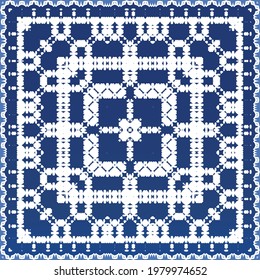 Decorative color ceramic azulejo tiles. Minimal design. Vector seamless pattern elements. Blue folk ethnic ornament for print, web background, surface texture, towels, pillows, wallpaper.