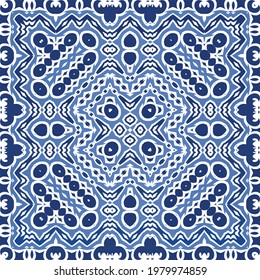 Decorative color ceramic azulejo tiles. Vector seamless pattern concept. Hand drawn design. Blue folk ethnic ornament for print, web background, surface texture, towels, pillows, wallpaper.