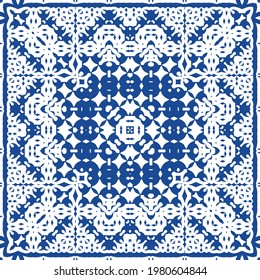 Decorative color ceramic azulejo tiles. Minimal design. Vector seamless pattern illustration. Blue folk ethnic ornament for print, web background, surface texture, towels, pillows, wallpaper.