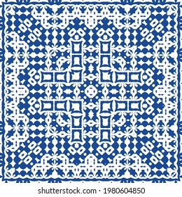 Decorative color ceramic azulejo tiles. Minimal design. Vector seamless pattern illustration. Blue folk ethnic ornament for print, web background, surface texture, towels, pillows, wallpaper.