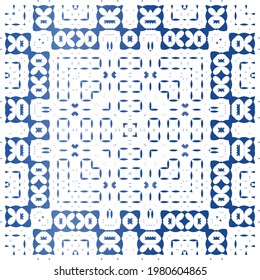 Decorative color ceramic azulejo tiles. Universal design. Vector seamless pattern concept. Blue folk ethnic ornament for print, web background, surface texture, towels, pillows, wallpaper.