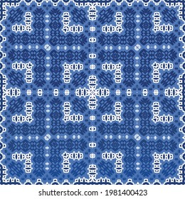 Decorative color ceramic azulejo tiles. Vector seamless pattern watercolor. Modern design. Blue folk ethnic ornament for print, web background, surface texture, towels, pillows, wallpaper.