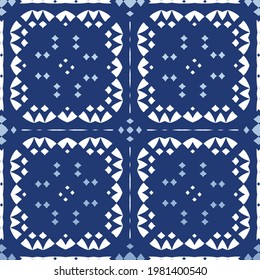 Decorative color ceramic azulejo tiles. Stylish design. Vector seamless pattern watercolor. Blue folk ethnic ornament for print, web background, surface texture, towels, pillows, wallpaper.