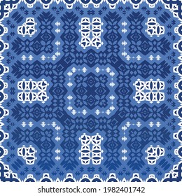 Decorative color ceramic azulejo tiles. Vector seamless pattern watercolor. Modern design. Blue folk ethnic ornament for print, web background, surface texture, towels, pillows, wallpaper.
