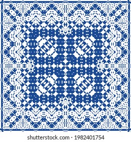 Decorative color ceramic azulejo tiles. Minimal design. Vector seamless pattern illustration. Blue folk ethnic ornament for print, web background, surface texture, towels, pillows, wallpaper.