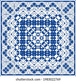 Decorative color ceramic azulejo tiles. Minimal design. Vector seamless pattern illustration. Blue folk ethnic ornament for print, web background, surface texture, towels, pillows, wallpaper.
