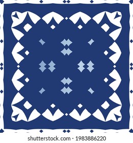 Decorative color ceramic azulejo tiles. Stylish design. Vector seamless pattern watercolor. Blue folk ethnic ornament for print, web background, surface texture, towels, pillows, wallpaper.