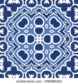 Decorative color ceramic azulejo tiles. Vector seamless pattern concept. Hand drawn design. Blue folk ethnic ornament for print, web background, surface texture, towels, pillows, wallpaper.