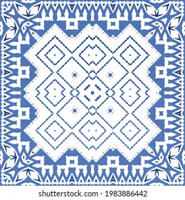 Decorative color ceramic azulejo tiles. Geometric design. Vector seamless pattern frame. Blue folk ethnic ornament for print, web background, surface texture, towels, pillows, wallpaper.