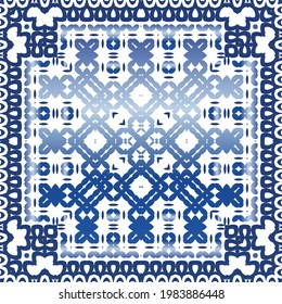 Decorative color ceramic azulejo tiles. Vector seamless pattern arabesque. Kitchen design. Blue folk ethnic ornament for print, web background, surface texture, towels, pillows, wallpaper.