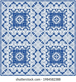 Decorative color ceramic azulejo tiles. Minimal design. Vector seamless pattern illustration. Blue folk ethnic ornament for print, web background, surface texture, towels, pillows, wallpaper.