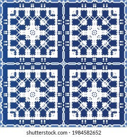 Decorative color ceramic azulejo tiles. Minimal design. Vector seamless pattern elements. Blue folk ethnic ornament for print, web background, surface texture, towels, pillows, wallpaper.