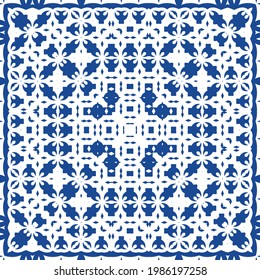 Decorative color ceramic azulejo tiles. Minimal design. Vector seamless pattern illustration. Blue folk ethnic ornament for print, web background, surface texture, towels, pillows, wallpaper.
