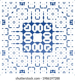 Decorative color ceramic azulejo tiles. Universal design. Vector seamless pattern concept. Blue folk ethnic ornament for print, web background, surface texture, towels, pillows, wallpaper.