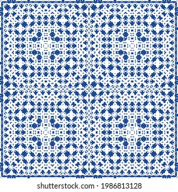 Decorative color ceramic azulejo tiles. Minimal design. Vector seamless pattern illustration. Blue folk ethnic ornament for print, web background, surface texture, towels, pillows, wallpaper.