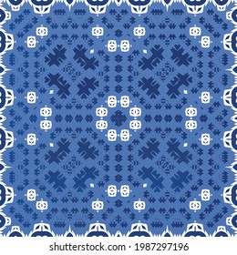 Decorative color ceramic azulejo tiles. Vector seamless pattern watercolor. Modern design. Blue folk ethnic ornament for print, web background, surface texture, towels, pillows, wallpaper.