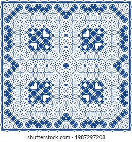 Decorative color ceramic azulejo tiles. Minimal design. Vector seamless pattern illustration. Blue folk ethnic ornament for print, web background, surface texture, towels, pillows, wallpaper.