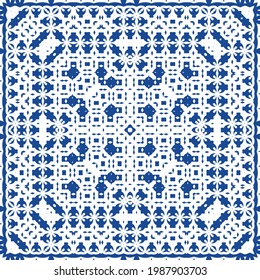 Decorative color ceramic azulejo tiles. Minimal design. Vector seamless pattern illustration. Blue folk ethnic ornament for print, web background, surface texture, towels, pillows, wallpaper.