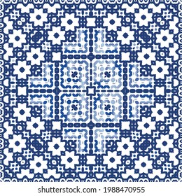 Decorative color ceramic azulejo tiles. Vector seamless pattern arabesque. Kitchen design. Blue folk ethnic ornament for print, web background, surface texture, towels, pillows, wallpaper.